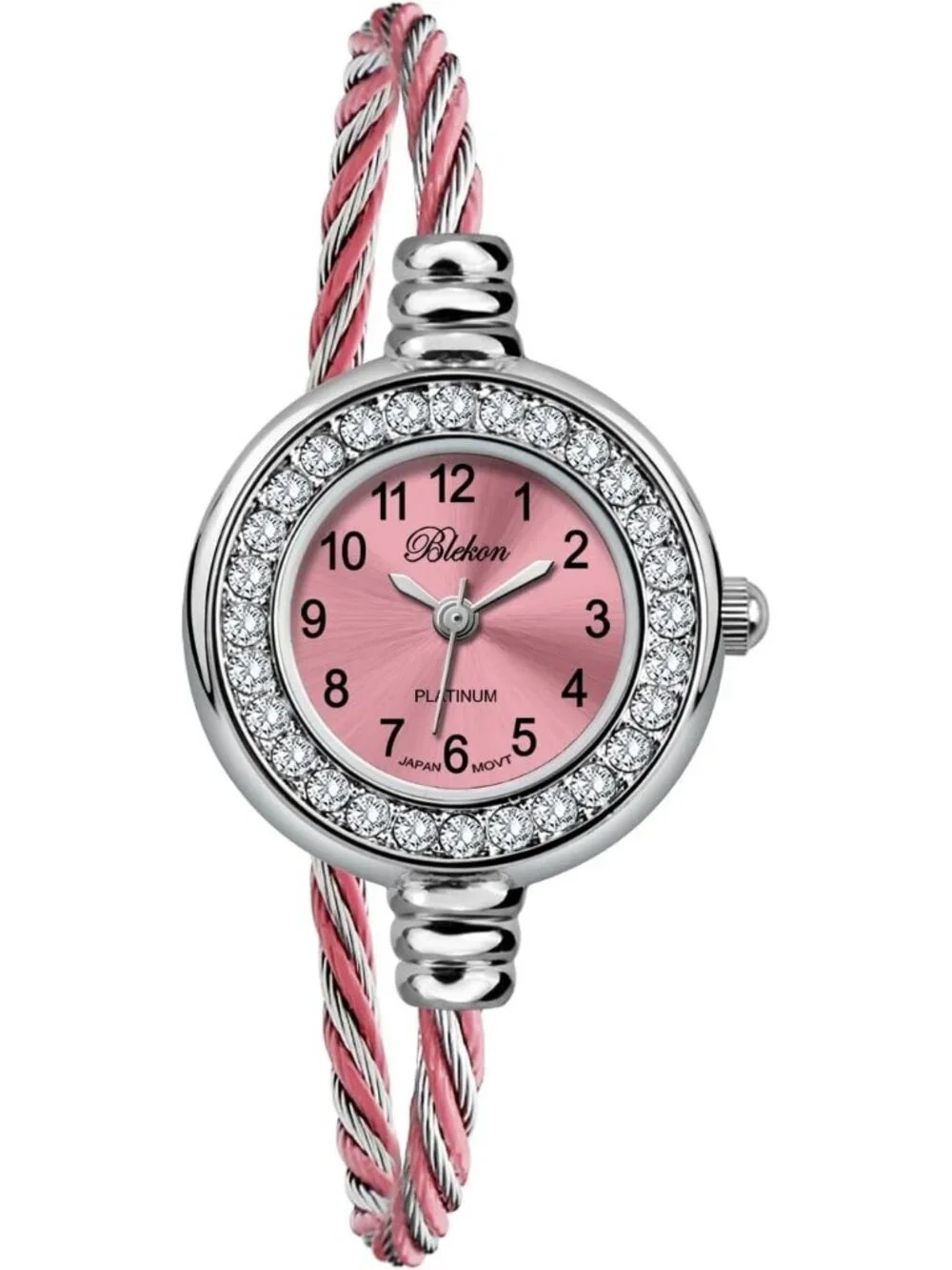 Women Silver And Pink Analog Cable Cuff Arabic Numbers Rhinestone Bracelet Watch